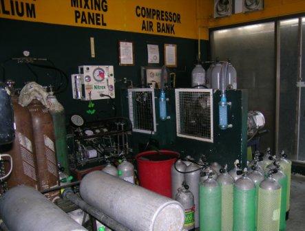 dive operation pumping room. Supplying nitrox, trimix, heliar, pure oxygen and divers breathing air.