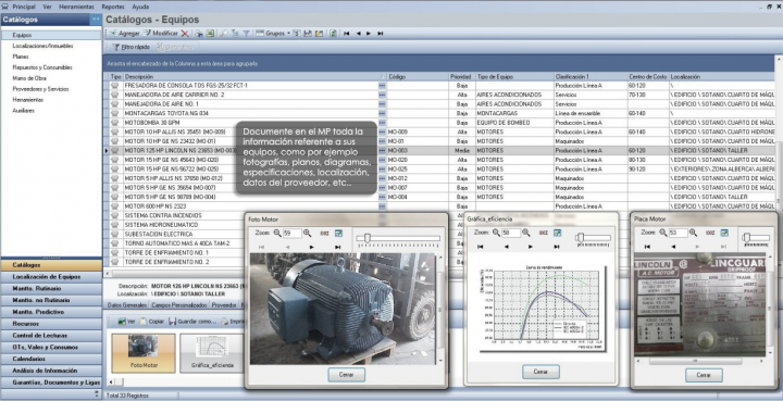 Example of CMMS user display screen showing equipment photos and data entry screens 