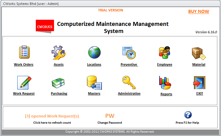 Computerized Maintenance Management System CMMS software system sub-menus